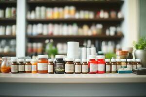 occupé pharmacie table avec soigneusement arrangé médicaments sur boutique étagères ai généré photo