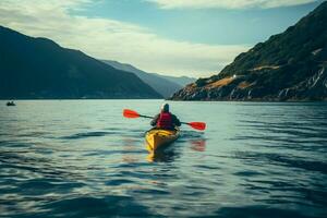 actif kayak excursion sur une ensoleillé et fougueux journée en plein air ai généré photo