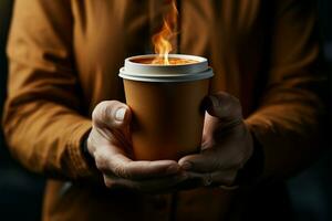 chaleur dans main une proche en haut de une café tasse ai généré photo