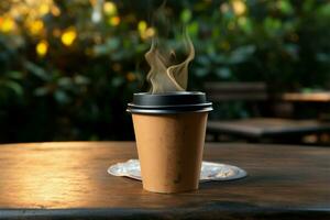 une tasse de chaud café, confortablement repos sur une en bois table ai généré photo