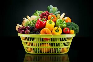 supermarché achats panier emballé avec coloré des fruits et légumes ai généré photo