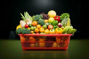 supermarché achats panier emballé avec coloré des fruits et légumes ai généré photo