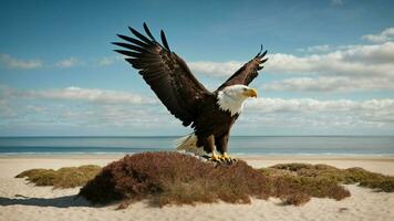 une magnifique été journée avec bleu ciel et une seul de Steller mer Aigle plus de le plage ai génératif photo