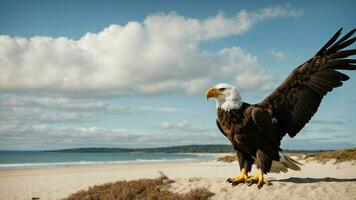 une magnifique été journée avec bleu ciel et une seul de Steller mer Aigle plus de le plage ai génératif photo