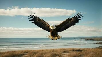 une magnifique été journée avec bleu ciel et une seul de Steller mer Aigle plus de le plage ai génératif photo