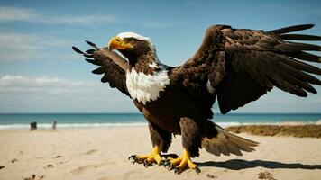 une magnifique été journée avec bleu ciel et une seul de Steller mer Aigle plus de le plage ai génératif photo