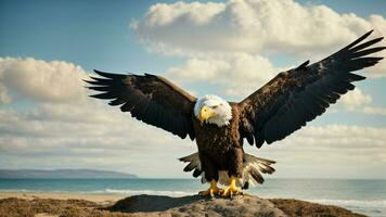 une magnifique été journée avec bleu ciel et une seul de Steller mer Aigle plus de le plage ai génératif photo