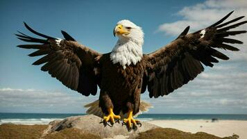 une magnifique été journée avec bleu ciel et une seul de Steller mer Aigle plus de le plage ai génératif photo