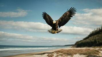 une magnifique été journée avec bleu ciel et une seul de Steller mer Aigle plus de le plage ai génératif photo