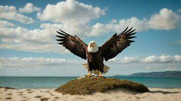 une magnifique été journée avec bleu ciel et une seul de Steller mer Aigle plus de le plage ai génératif photo