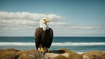 une magnifique été journée avec bleu ciel et une seul de Steller mer Aigle plus de le plage ai génératif photo