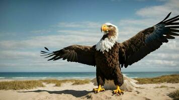 une magnifique été journée avec bleu ciel et une seul de Steller mer Aigle plus de le plage ai génératif photo