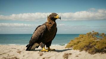 une magnifique été journée avec bleu ciel et une seul de Steller mer Aigle plus de le plage ai génératif photo