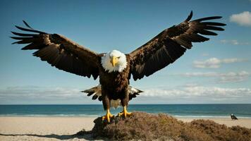 une magnifique été journée avec bleu ciel et une seul de Steller mer Aigle plus de le plage ai génératif photo