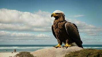 une magnifique été journée avec bleu ciel et une seul de Steller mer Aigle plus de le plage ai génératif photo