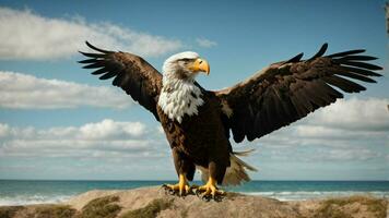 une magnifique été journée avec bleu ciel et une seul de Steller mer Aigle plus de le plage ai génératif photo