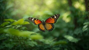 la nature Contexte avec une magnifique en volant papillon avec vert forêt ai génératif photo