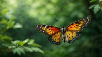 la nature Contexte avec une magnifique en volant papillon avec vert forêt ai génératif photo