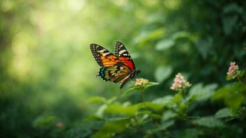 la nature Contexte avec une magnifique en volant papillon avec vert forêt ai génératif photo