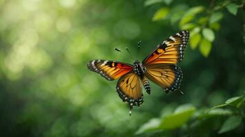 la nature Contexte avec une magnifique en volant papillon avec vert forêt ai génératif photo