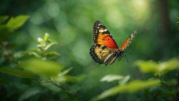 la nature Contexte avec une magnifique en volant papillon avec vert forêt ai génératif photo