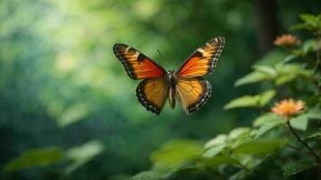 la nature Contexte avec une magnifique en volant papillon avec vert forêt ai génératif photo