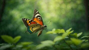 la nature Contexte avec une magnifique en volant papillon avec vert forêt ai génératif photo