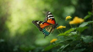 la nature Contexte avec une magnifique en volant papillon avec vert forêt ai génératif photo