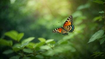 la nature Contexte avec une magnifique en volant papillon avec vert forêt ai génératif photo