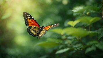 la nature Contexte avec une magnifique en volant papillon avec vert forêt ai génératif photo