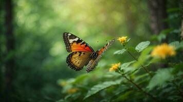 la nature Contexte avec une magnifique en volant papillon avec vert forêt ai génératif photo