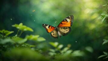 la nature Contexte avec une magnifique en volant papillon avec vert forêt ai génératif photo