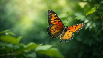 la nature Contexte avec une magnifique en volant papillon avec vert forêt ai génératif photo