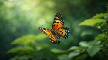 la nature Contexte avec une magnifique en volant papillon avec vert forêt ai génératif photo