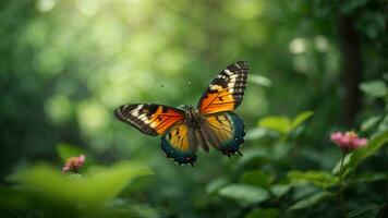 la nature Contexte avec une magnifique en volant papillon avec vert forêt ai génératif photo