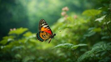 la nature Contexte avec une magnifique en volant papillon avec vert forêt ai génératif photo