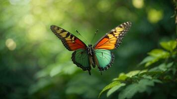 la nature Contexte avec une magnifique en volant papillon avec vert forêt ai génératif photo