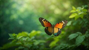 la nature Contexte avec une magnifique en volant papillon avec vert forêt ai génératif photo