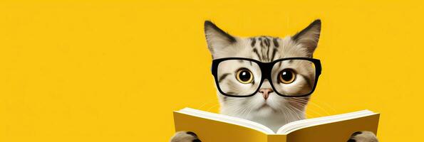 mignonne chaton avec des lunettes lit une livre sur une Jaune Contexte. ai généré photo