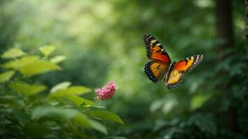 la nature Contexte avec une magnifique en volant papillon avec vert forêt ai génératif photo