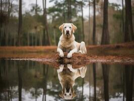 chien et ses réflexion dans une calme étang ai génératif photo