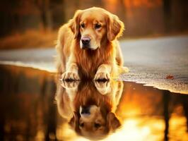 chien et ses réflexion dans une calme étang ai génératif photo