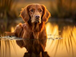 chien et ses réflexion dans une calme étang ai génératif photo