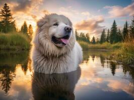 chien et ses réflexion dans une calme étang ai génératif photo