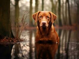 chien et ses réflexion dans une calme étang ai génératif photo