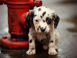 mignonne chiot séance par une Feu bouche d'incendie ai génératif photo