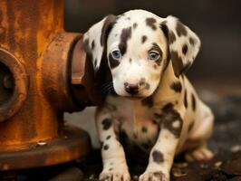 mignonne chiot séance par une Feu bouche d'incendie ai génératif photo