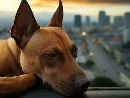 pensif chien repos sur une doux canapé avec une vue de le ville ai génératif photo