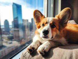 pensif chien repos sur une doux canapé avec une vue de le ville ai génératif photo