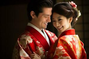 marié Japonais couple souriant posant ensemble dans traditionnel Vêtements kimono et hakama bokeh style Contexte photo